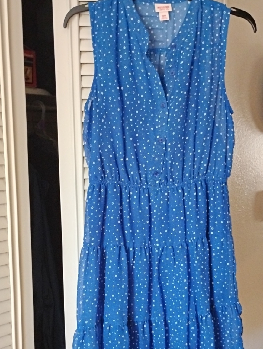 Blue Sleeveless Tiered Sundress with White Dot Print